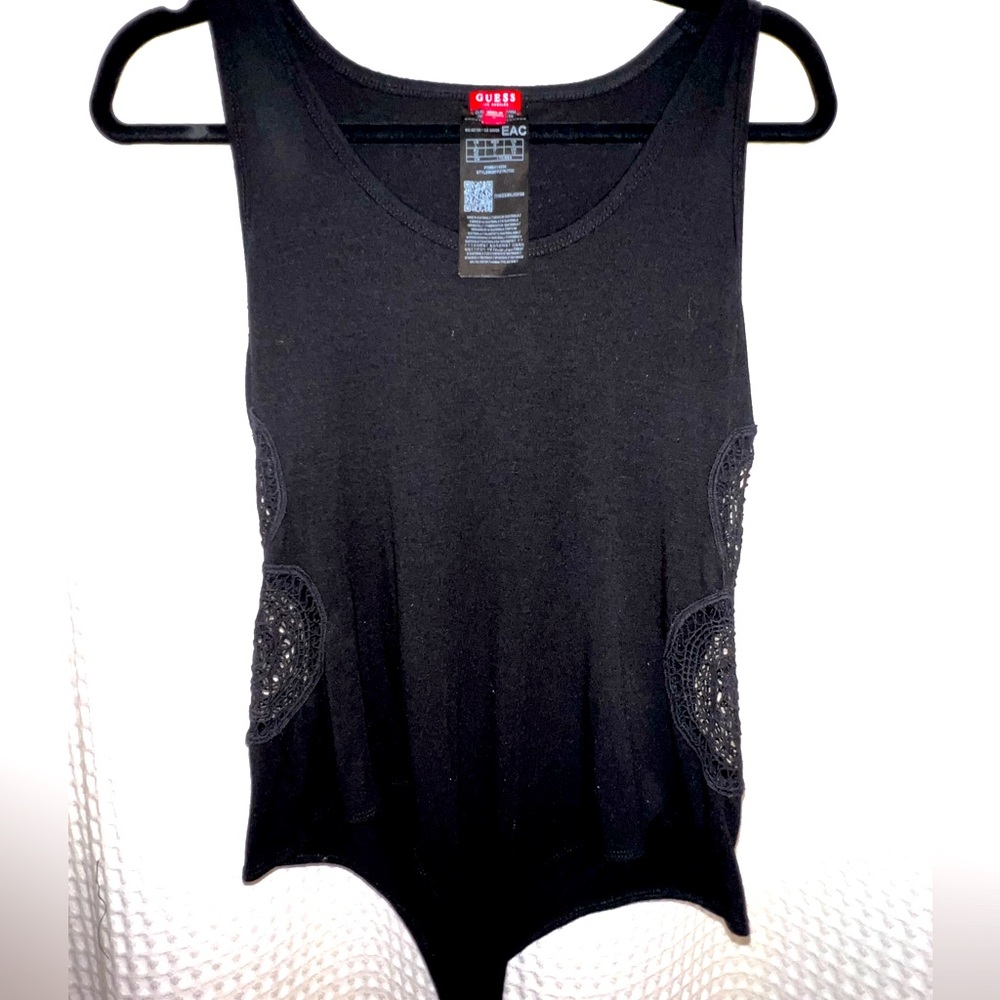 Juniors Guess Large Black snap bodysuit with knit design on each side. EUC